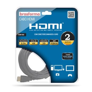 Cabo HDMI 2.0 4K. 3D. 19 pinos - 1080p. Com 02 metros - Brasforma