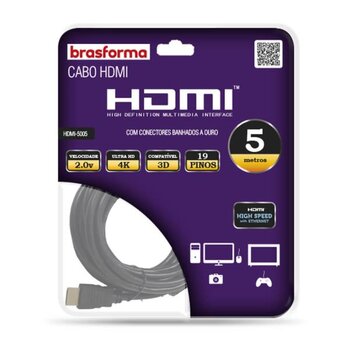 Cabo HDMI 2.0 4K. 3D. 19 pinos - 1080p. Com 05 metros - Brasforma