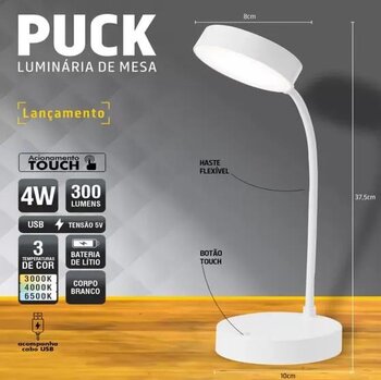 Luminária de Mesa LED PUCK Recarregável Branco - Taschibra
